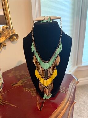 Mint, Yellow and Gold Layered Fringe Necklace Set